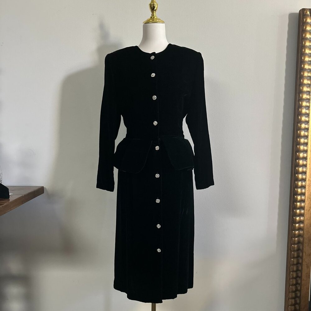 Vintage Bill Geoffrey Black Velvet Peplum Dress Rhinestone Buttons USA Size 14
